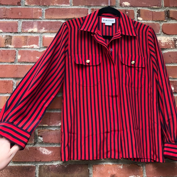 Classy Vintage Joan Leslie Red & Navy Stripped Hidden Button-Down Top - Picture 2 of 8